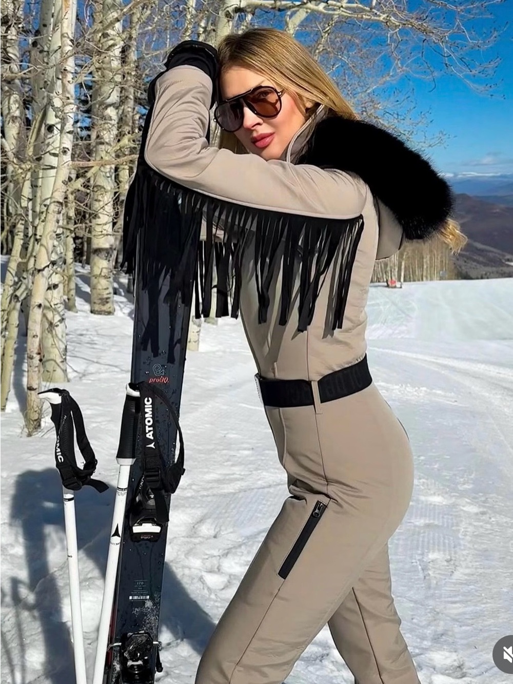 Women’s Taupe and black Ski suit, with Black Fringe & real Fur Trim, Small